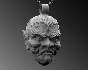 Sterling Silver Oni Mask Pendant - Samurai Necklace