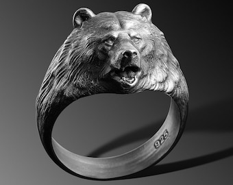 Mens Sterling Silver Bear Signet Ring, Grizzly Ring, Handmade