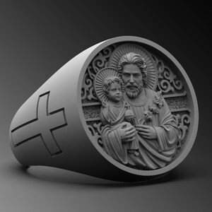 Saint Joseph Ring, Silver Religious Ring, Saint Joseph with Baby Jesus Ring, Christian Signet Ring, Silver Catholic Ring, Baby Jesus Ring