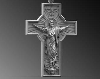 May include: A silver pendant necklace with a detailed cross design. The cross features a figure with outstretched arms, a halo, and rays of light. The pendant is suspended from a chain.