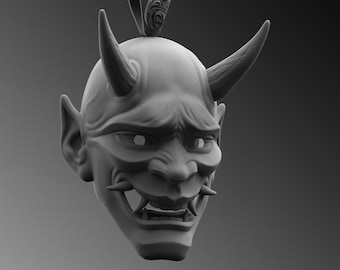 Sterling Silver Samurai Mask Necklace, Oni Hanya Pendant