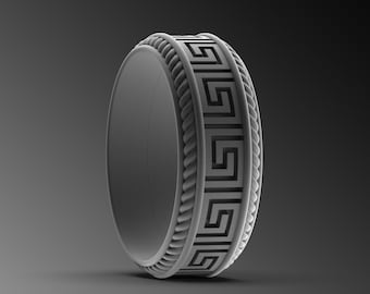 Sterling Silver Greek Key Ring, Mens Geometric Wedding Band