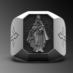 Anillo Virgen María, Anillo Virgen Del Carmen, Anillos Virgen María para Hombres, Anillo de Plata de la Santa Madre, Joyería Religiosa de Plata, Anillo María de Plata para Hombres