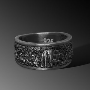 Elephants Handmade Sterling Silver Men Band Ring Elephant Family In The Forest Ring Unique Mens Nature Wedding Band Ring Animal Ring For Him