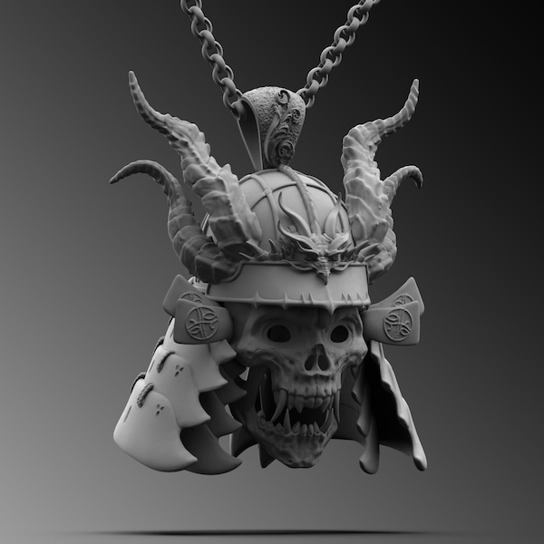 Sterling Silver Samurai Skull Mask Necklace - Oni Demon Pendant