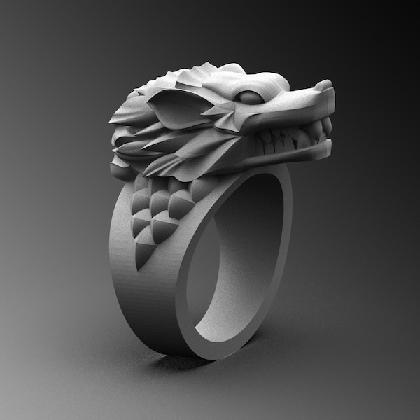 Mens Dire Wolf Ring, Handmade 925K Sterling Silver Signet Ring