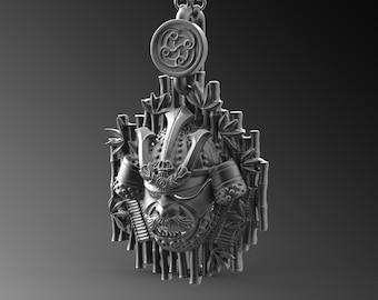 Sterling Silver Samurai Oni Mask Pendant Necklace