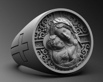Handmade Sterling Silver Virgin Mary Ring – Religious Signet
