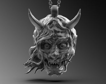 Sterling Silver Samurai Mask Necklace - Oni Hanya Pendant