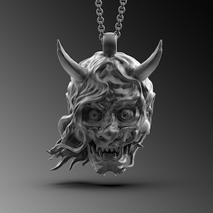 Samurai Mask Necklace For Man Oni Mask Pendant Silver Samurai Mask Gift For Him 925k Sterling Silver Hanya Mask Necklace Unique Gift For Him