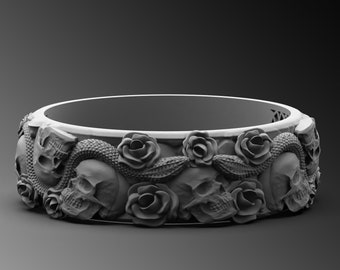 スカルフラワースネークスターリングシルバーリング、ゴシックバイカー