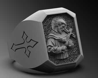 Saint Francis of Assisi Sterling Silver Signet Ring, Handmade Religious Jewelry