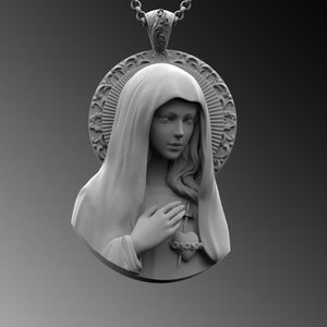 Silver Virgin Mary Men&#39;s Necklace, Miraculous Virgin Mary Pendant Sterling Silver Holy Mother Medallion Religious Catholic Men Gift Necklace