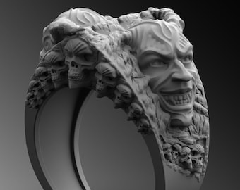 Handmade Sterling Silver Demon Skull Ring, Satanic Biker Jewelry
