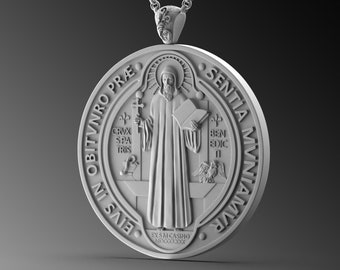 Sterling Silver Saint Benedict Medallion Necklace, Religious Pendant