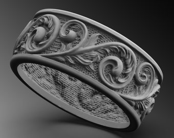 Victorian Leaf Sterling Silver Men's Ring, Baroque Wedding Band