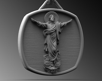 May include: A silver pendant necklace depicting a religious figure with outstretched arms. The pendant has a rectangular shape with rounded corners and a textured backdrop. The chain is also silver in colour.