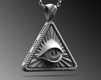 Puede incluir: Collar con colgante de plata con un diseño de ojo que todo lo ve dentro de un triángulo. El ojo está detallado con una pupila e iris.