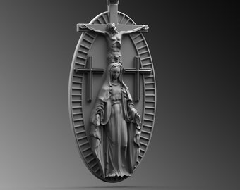 Sterling Silver Holy Mary Jesus Crucifix Pendant - Catholic Necklace