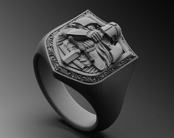 Mens Medieval Knight Ring, Handmade Sterling Silver Crusader Signet