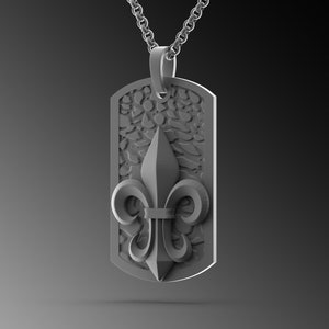 Fleur De Lis Heraldic Necklace, Medieval Lily Figure Flower Necklace in Silver, Dog Tag Fleur De Lis Pendant For Man Oxidized Unique Gift