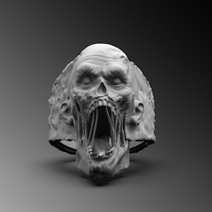 May include: A silver ring with a detailed skull design. The skull has a wide open mouth with sharp teeth and a menacing expression.