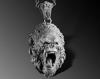 Collar con colgante de cabeza de gorila en plata de ley, joyería única de simios