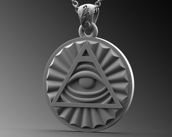 Puede incluir: Un collar de plata con un colgante que presenta un ojo dentro de un triángulo, rodeado de un diseño circular.