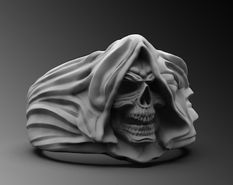 Sterling Silver Angel of Death Ring, Gothic Biker Skull Ring