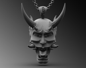 Sterling Silver Samurai Oni Mask Pendant Necklace