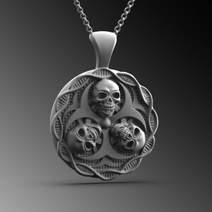 Mens Skull Anhänger Silber BioHazard Schädel Halskette für Mann Sterling Skull Medaillon Einzigartiges Geschenk für ihn Schädel Halskette Geschenk für Mann Schmuck