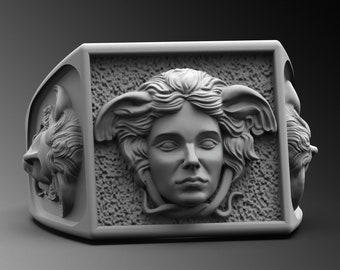 Engraved Medusa Signet Ring, 925K Sterling Silver, Serpent Ring
