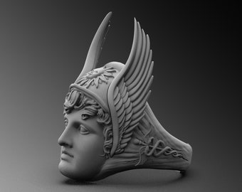 Hermes Winged Helmet Ring, 925 Sterling Silver Biker Signet