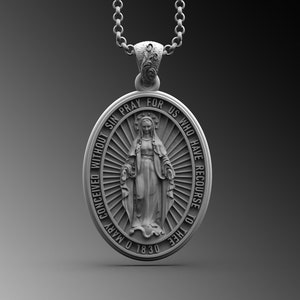 Silver Virgin Mary Men&#39;s Necklace, Miraculous Virgin Mary Pendant Sterling Silver Holy Mother Medallion Religious Catholic Men Gift Necklace