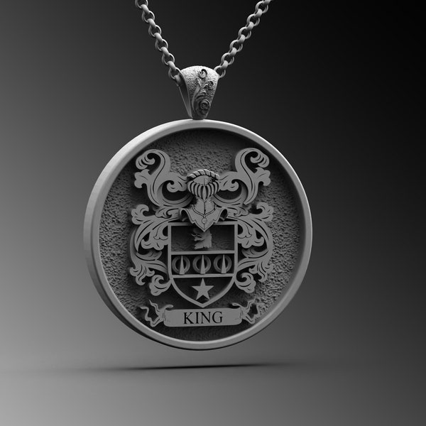 Family Crest & Coat Of Arms Pendant, Custom Heraldry Necklace, Personalized Crest Medallion 925k Silver Necklace For Men Custom Family Crest