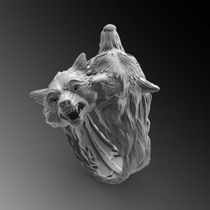 May include: A silver ring featuring a detailed wolf head design. The wolf's mouth is open, revealing its teeth. The ring is crafted from metal and has a smooth finish.