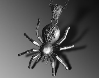 Sterling Silver Tarantula Pendant Necklace, Gothic Spider Jewelry