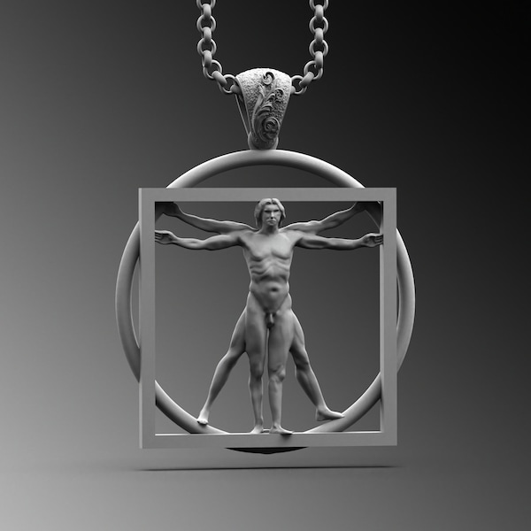 Vitruvian Man Handmade Silver Necklace, Da Vinci Renaissance Art Silver Men Jewelry, Vitruvian Sterling Silver Pendant, Vitruvius Men's Gift