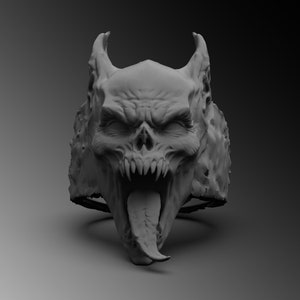 Puede incluir: Un anillo gris, impreso en 3D, con un diseño de calavera demoníaca detallada. La calavera tiene dientes afilados y una lengua larga y puntiaguda.