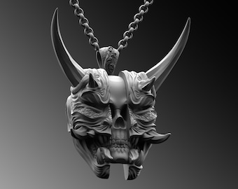 Sterling Silver Samurai Skull Mask Pendant, Oni Hanya Necklace
