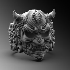 Oni Mask Sterling Silver Samurai Gothic Ring, 925 Silver Demon Ring, Japanese Art Mythology Jewelry, Hannya Oni Samurai Ring, Bushido Ring