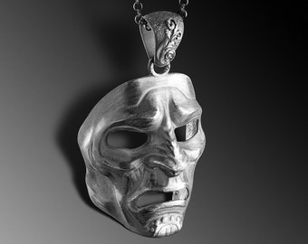 Sterling Silver Samurai Mask Pendant Necklace: Oni Jewelry
