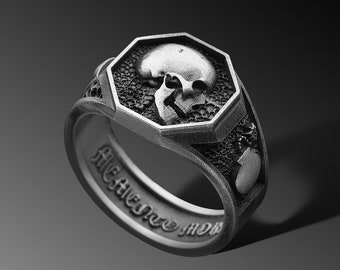 Anello Uomo Memento Mori Teschio Gotico Argento 925 Personalizzabile Fascia Latina