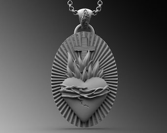 Op de afbeelding: Een zilverkleurige hangerketting met een gedetailleerd Heilig Hart-ontwerp. De hanger toont een hart met vlammen, een doornenkroon en een kruis, geplaatst in een ovale lijst met stralen. De ketting is in een klassieke schakelstijl.