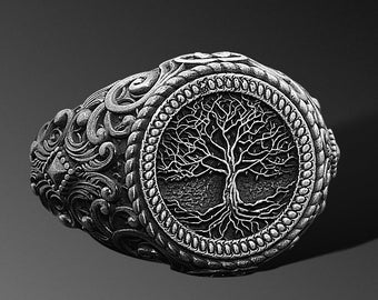 Yggdrasil Tree of Life Handmade Signet Ring, Sterling Silver Yggdrasil Pinky Men Ring, Silver Tree of Life Jewelry, Norse Mythology Men Gift