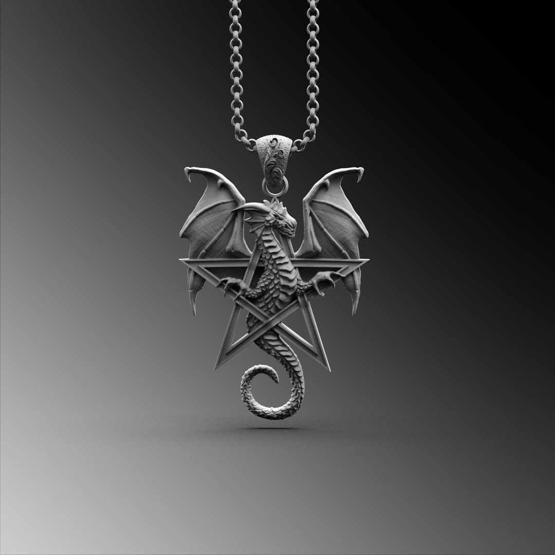 Dragon Pentagram Pendant Silver Dragon Pendant Mens Pentagram Necklace