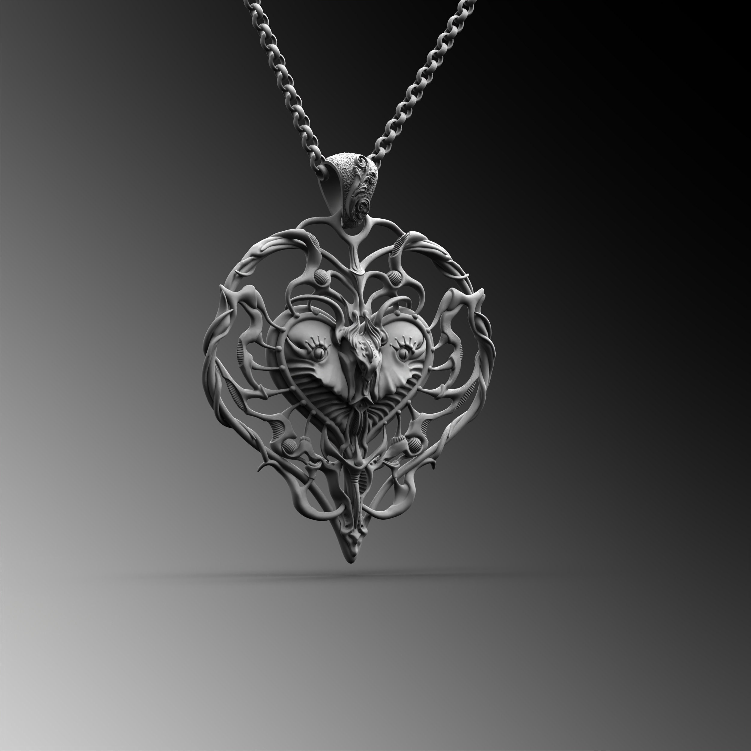H.R. Giger Inspired Sterling Silver Heart Pendant, Biomechanical