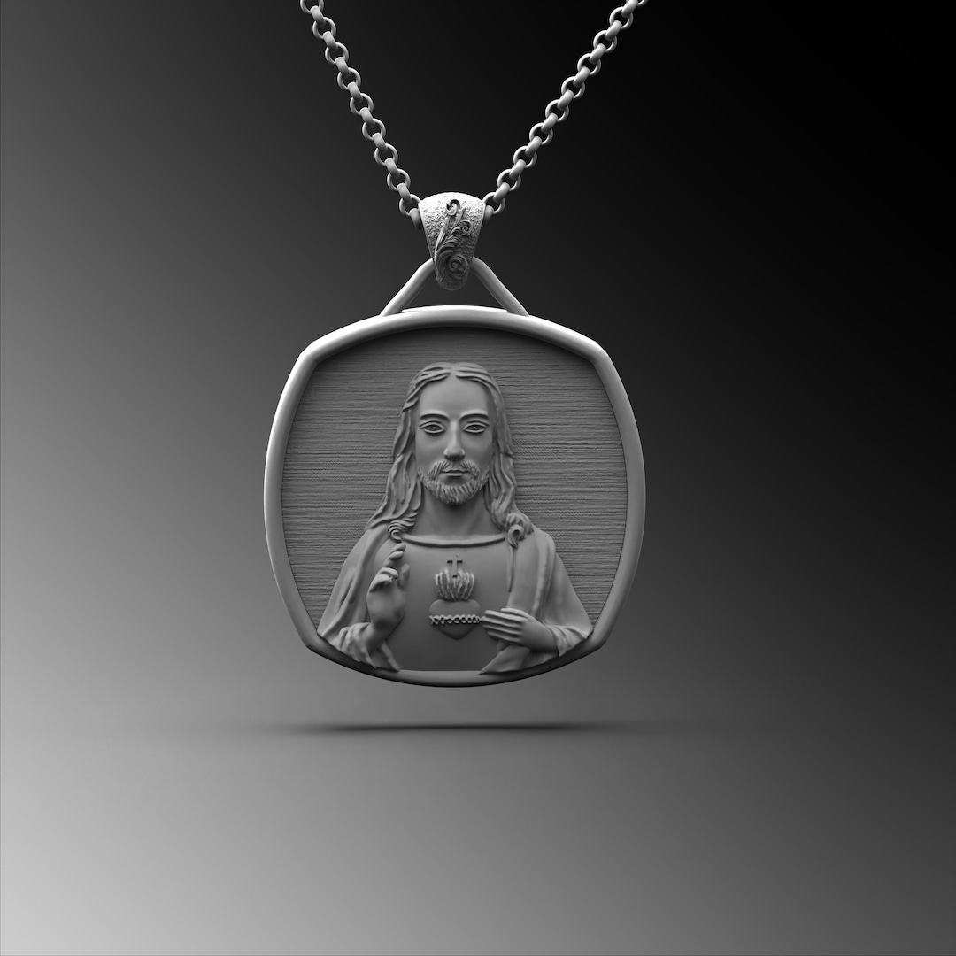 Collana Con Ciondolo Cuore Di Gesù E Croce In Argento 925 Con Zirconi Rossi - Gioiello Religioso Unisex - 3
