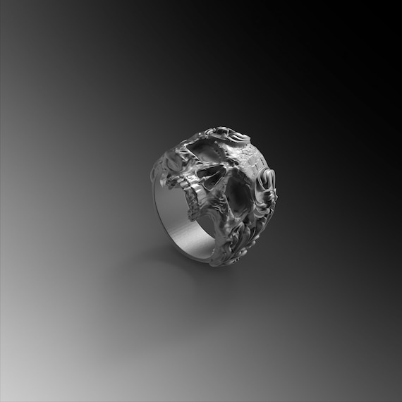Mens Skull Ring, Handmade 925k Sterling Silver Signet Ring