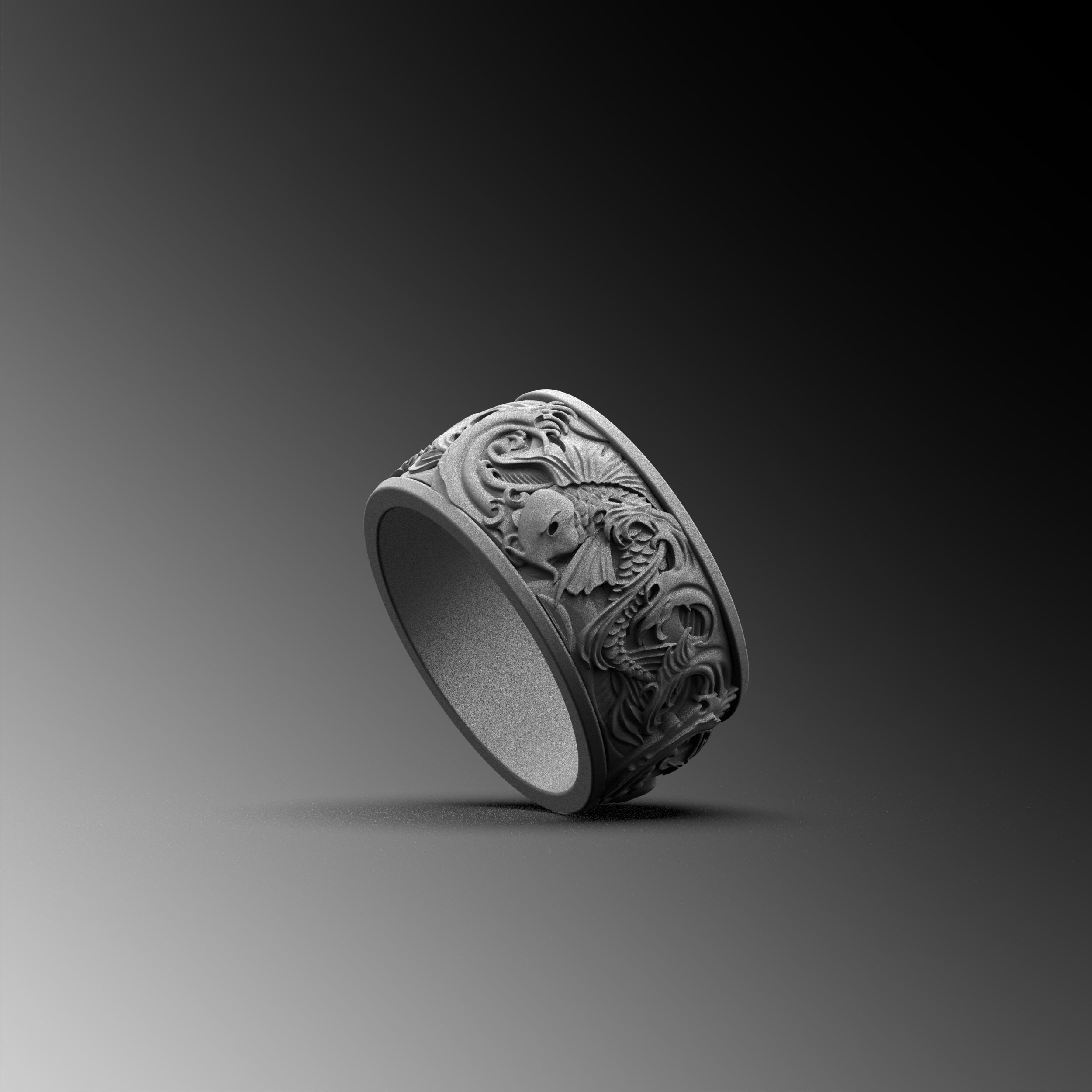Koi Fish Sterling Silver Men's Ring, Japanese Nature Inspired Band - Etsy